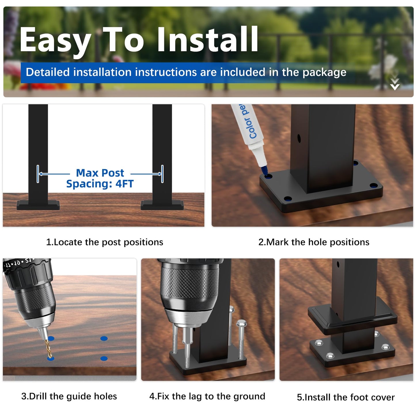 Zylorix 36" T304 Cable Railing Post(Post 35"x2"x2"), Level Drilled Railing Post with Cable Grommets, Modular Fixed Top Mount Cable Handrail Post, Stainless Steel Black Finish Indoor Outdoor Deck Post