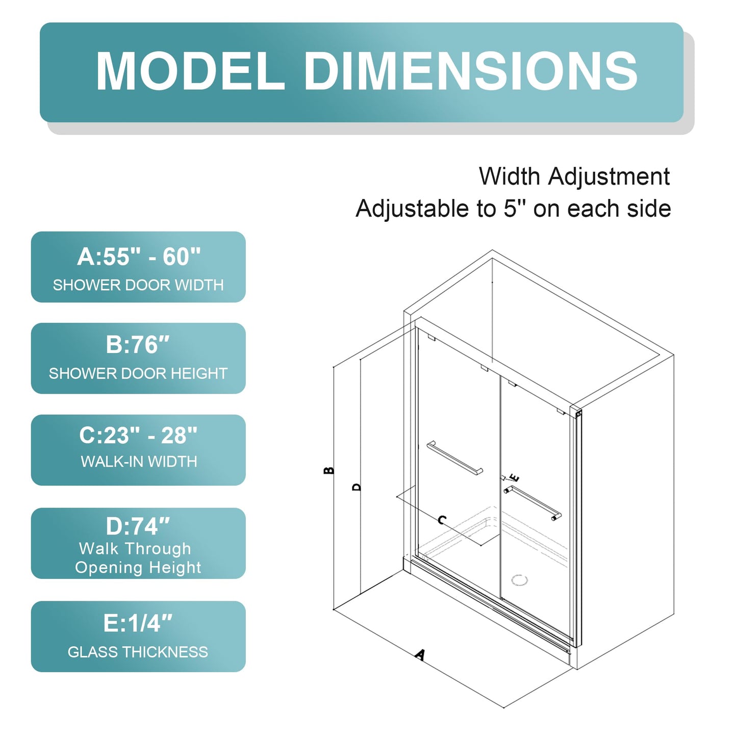 KPUY Glass Shower Door, 55-60" W x 76" H Semi-Frameless Double Sliding Shower Door, 1/4" (6mm) Thick Tempered Clear Glass with Explosion-Proof Film Nano Coating, Matte Black