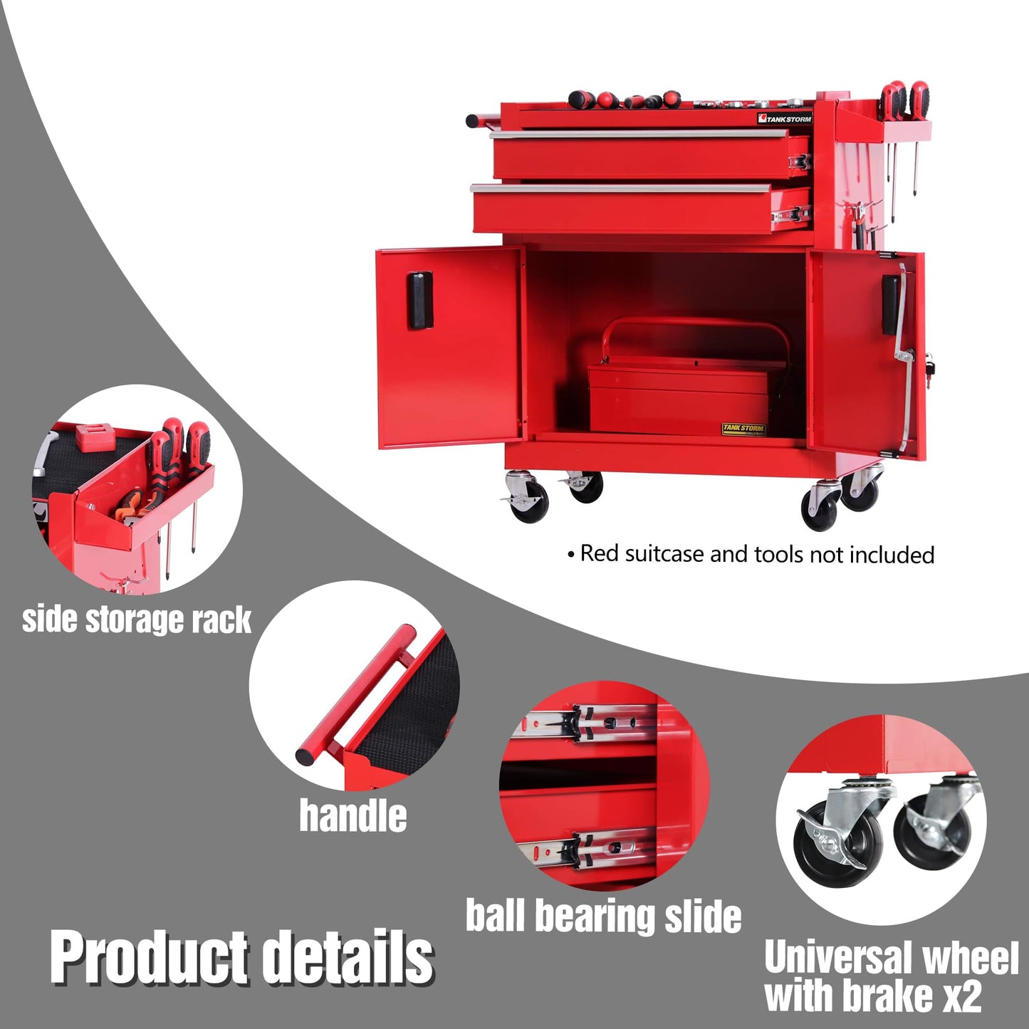 TANKSTORM Tool Chest Heavy Duty Cart Steel Rolling Tool Box with Lockable Doors (TZ12 Red)