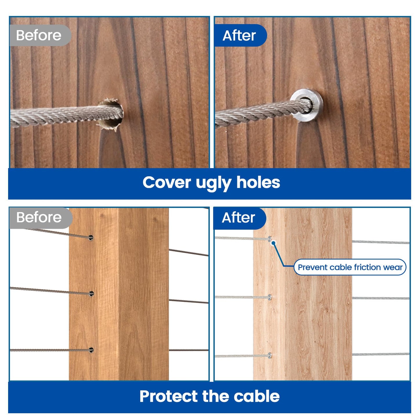 Muzata 100PCS Stainless Steel T316 Protective Sleeves Cable Railing Kit Hardware Cable Railing Protector Sleeve for 1/8" Wire Rope Wood Posts CR13