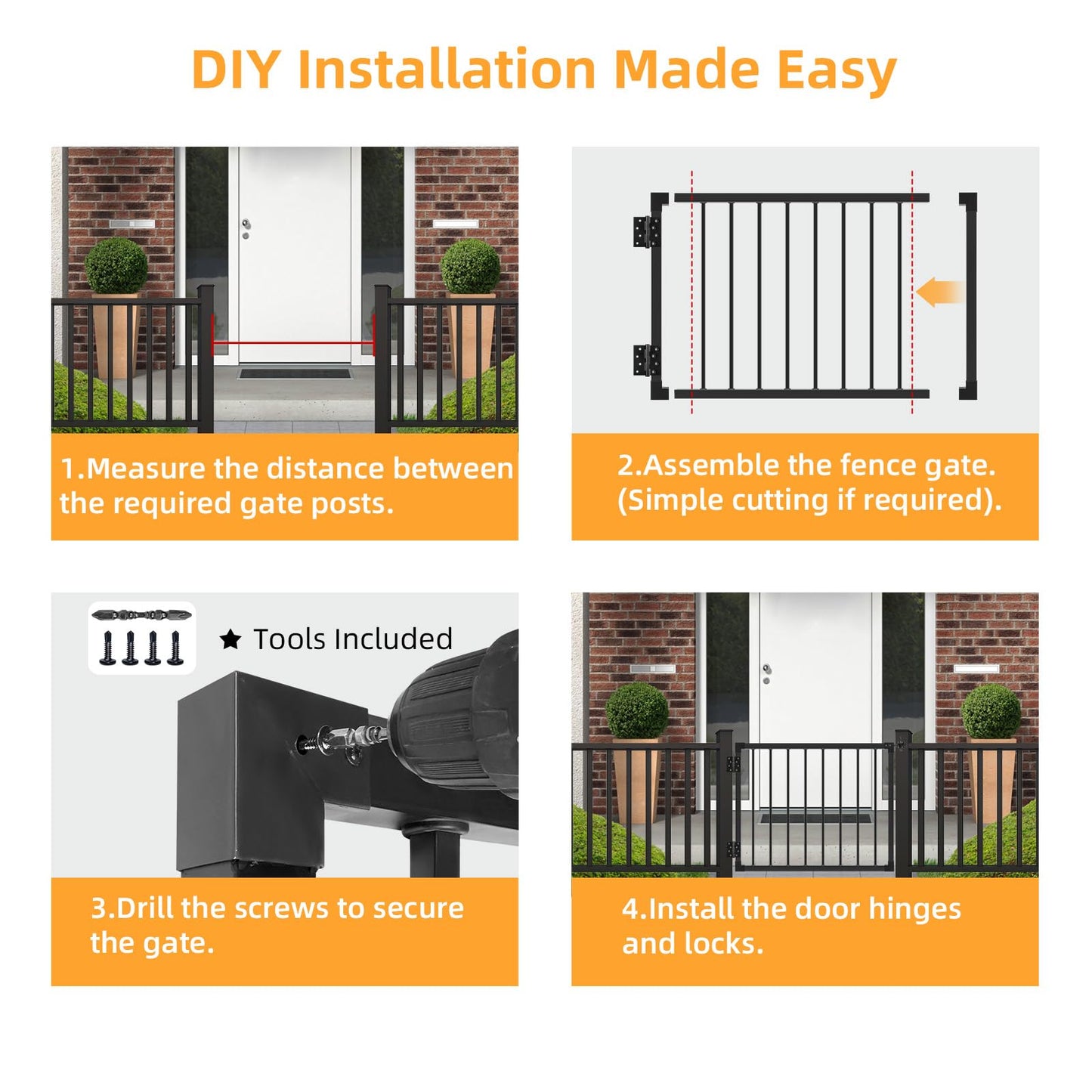 Deck Gate Outoor, 42″ Black Heavy Duty Steel Anti-Rust Fence Door with Adjustable Width (Up to 48"), Easy Installation Metal Gate for Residential, Yard, Patio, with Hinges and Latch