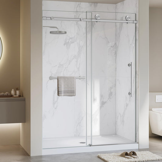 Frameless Shower Door,5/16" (8mm) Glass Sliding Shower Door with Soft-Close & Anti-Leak,Nano Coating Anti-Explosion Film SGCC Tempered Glass 43"-48" X 76"H,Brushed Nickel