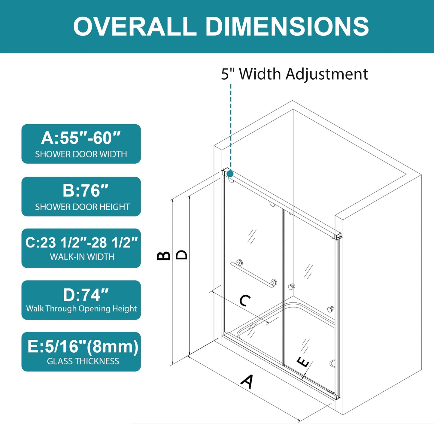 Frameless Shower Door with Soft-Close & Anti-Leak,5/16" (8mm) Double Sliding Shower Door,Nano Coating Anti-Explosion Film SGCC Tempered Glass 55"- 60" W x 76" H,Matte Black
