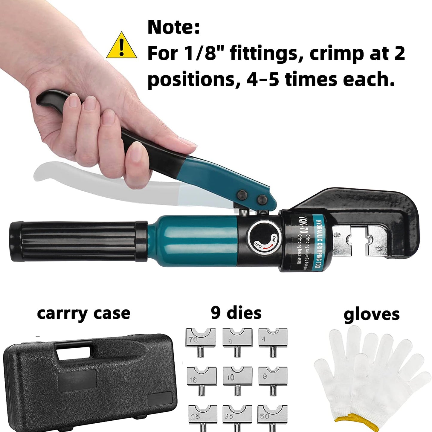 Hydraulic Crimping Tool for 1/8"-3/16" Cable Railing, Easy One-Hand Use, 10-Ton Crimper with 9 Harden Dies for 12-2/0 AWG, Steel DN Mate Durable Wire Crimper, Battery Cable Crimper DC01