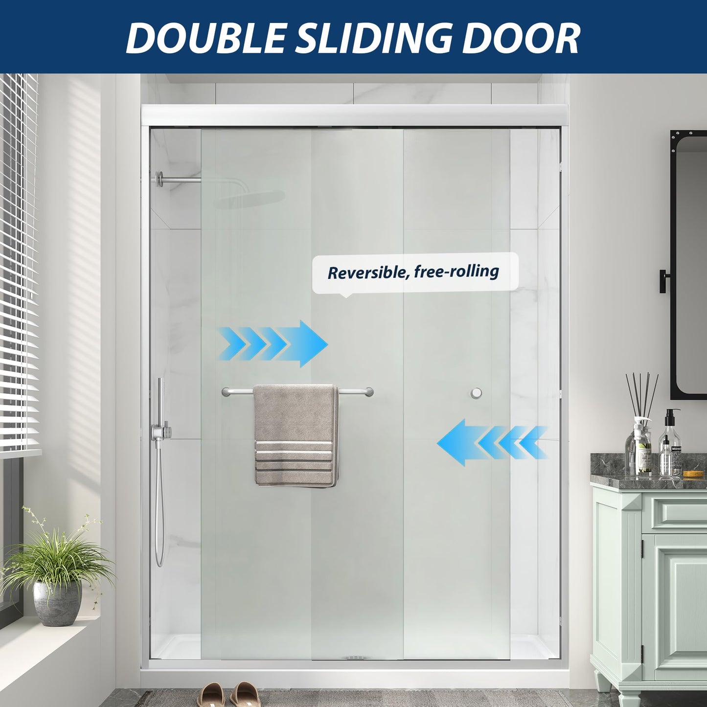 Double Sliding Shower Door 49"-54" W x 72" H with Nano Anti-Explosion Safety Film, 1/4" (6mm) Frosted Ultra-Clear Tempered Glass Semi-Frameless Bypass Shower Glass Doors,Brushed Nickel