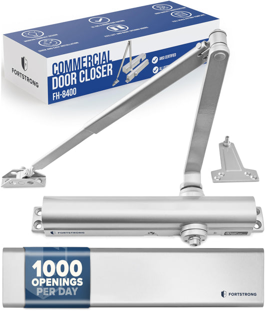 Commercial Door Closer FH-8400 Heavy Duty Adjustable Grade 1 Standard Automatic Door Closing Hinge - ADA Compliant UL & CUL UL10C Listed - Aluminium Finish - High Traffic (Silver)
