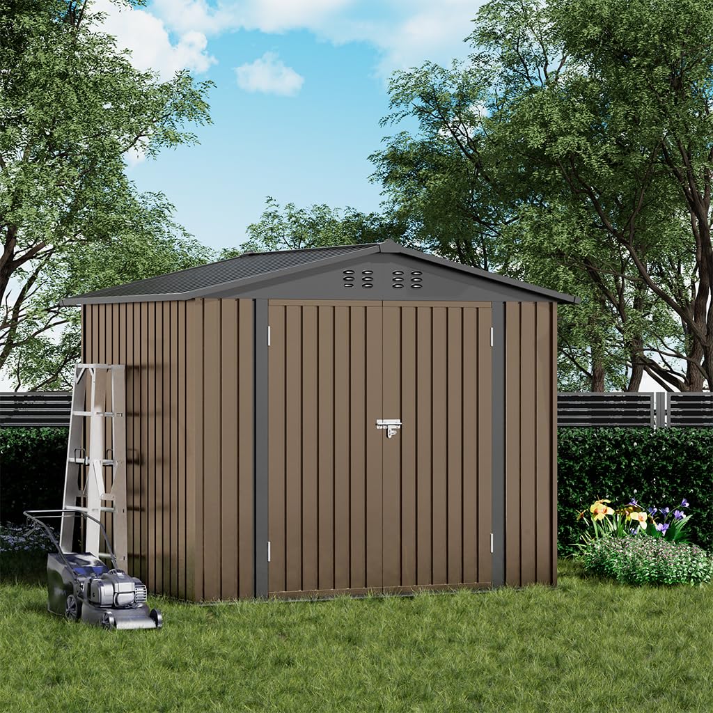 COMHOMA Shed Outdoor Storage Shed Metal,Lockable Doors Tool Sheds with Sloping Roof,Steel Garden Shed with Air Vent for Backyard,Patio,Lawn,Poolside(Brown,8'x6')