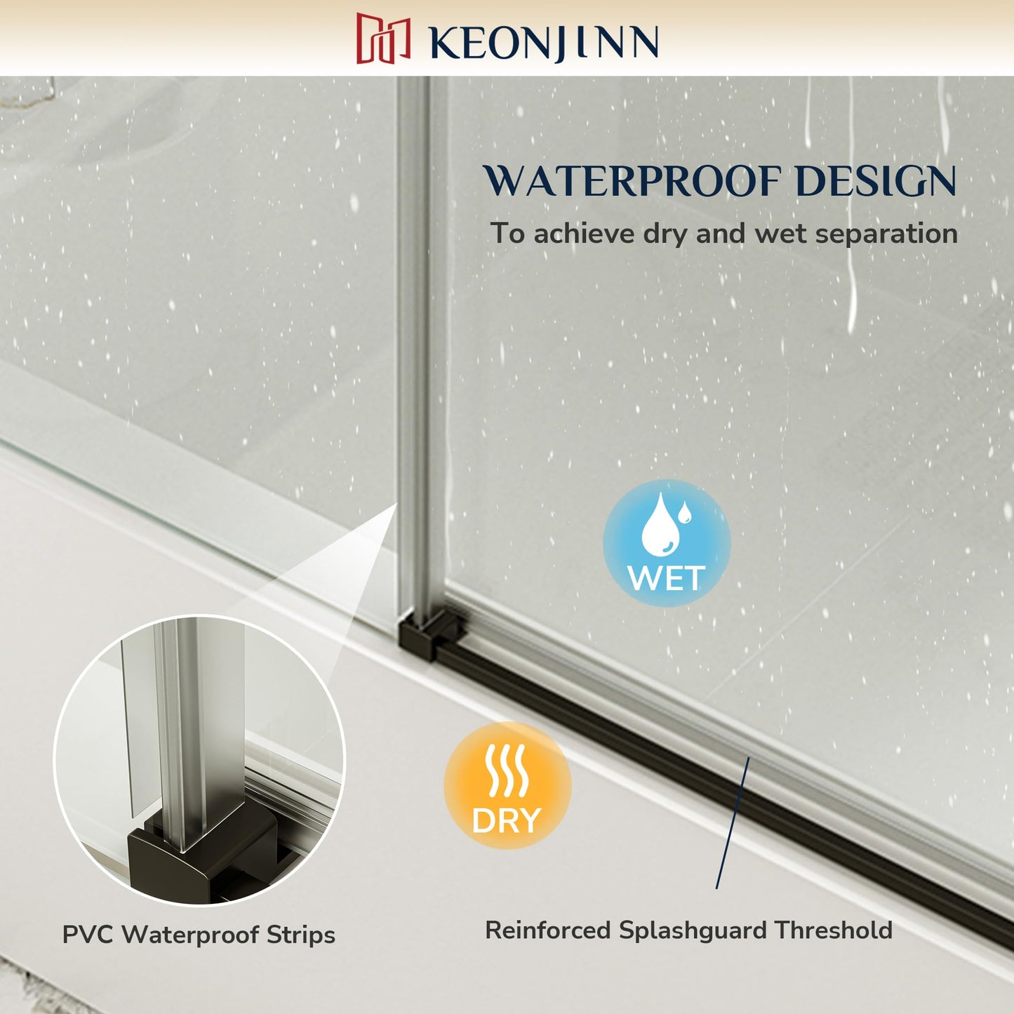 Keonjinn Sliding Shower Door, 44-48" W x 76" H Semi-Frameless Shower Door, 1/4" (6mm) Clear SGCC Tempered Clear Glass with Nano Coating, Silent Soft-Close Design, Matte Black