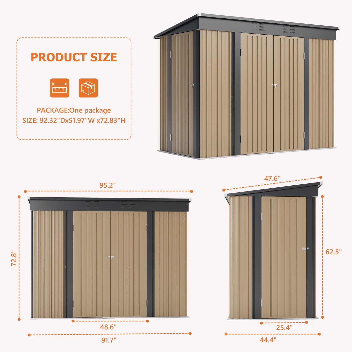 JUMMICO 8x4 FT Outdoor Storage Shed, Heavy Duty Tool Metal Sheds with 3 Lockable Doors and Updated Frame Structure for Backyard Patio Lawn, Brown