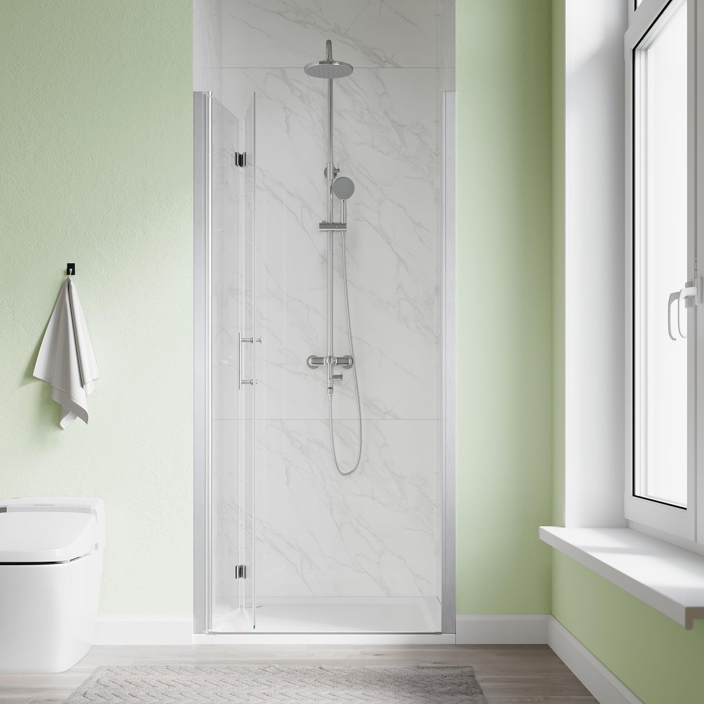 SL4U Bifold Shower Door, 34" W x 72" H, 1/4" Tempered Glass Shower Door, Foldable Shower Glass Door, Easy to Clean, Brushed Nickel Finish