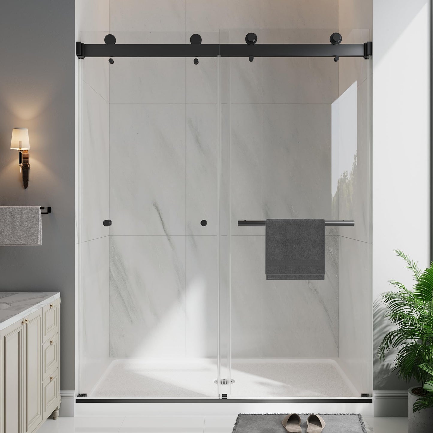 EASYWORC Frameless Double Sliding Shower Doors, 43-48" W x 76" H Shower Glass Door, 1/4" (6mm) Thick ANSI Certified Tempered Glass with Explosion-Proof Film and Nano Coating,Matte Black