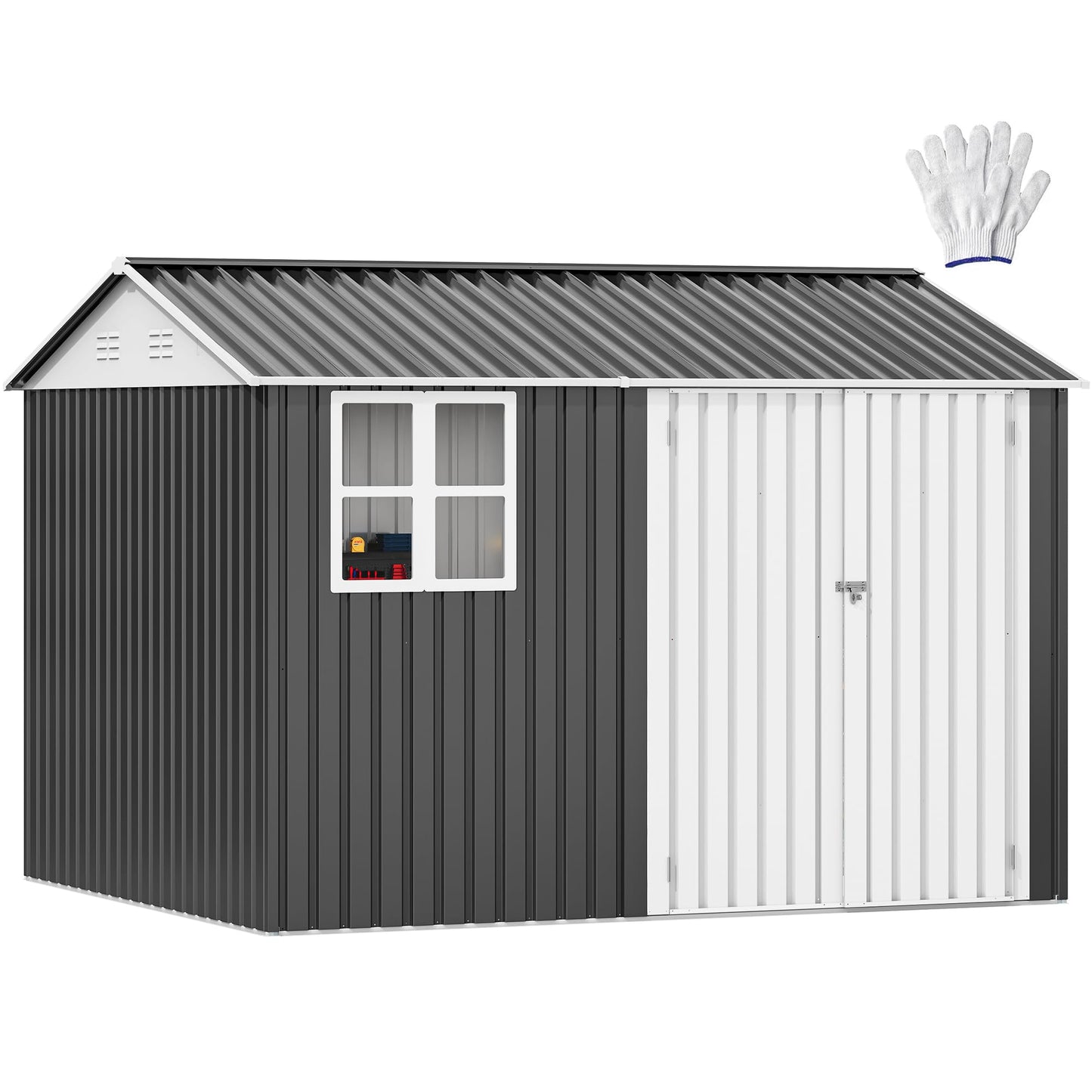 DWVO 10x8ft Metal Outdoor Storage Shed with Window, Lockable Tool Storage Sheds, Oversized Steel Garden Sheds with Sloped Roof for Backyard, Patio, Garage, Lawn (Gray + White)