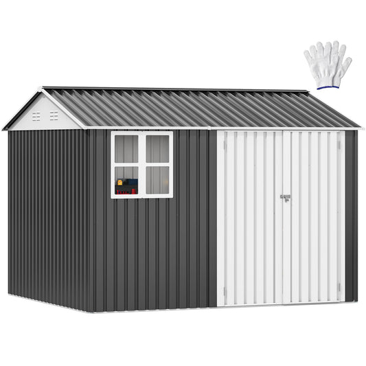 DWVO 10x8ft Metal Outdoor Storage Shed with Window, Lockable Tool Storage Sheds, Oversized Steel Garden Sheds with Sloped Roof for Backyard, Patio, Garage, Lawn (Gray + White)