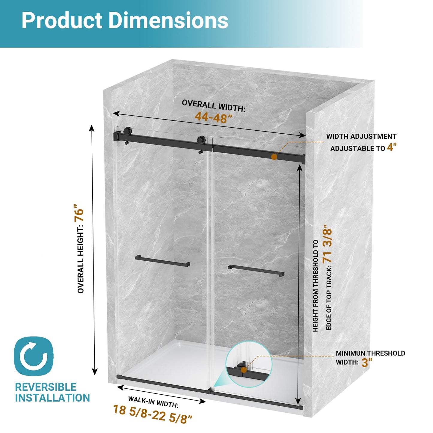 BATHWILLER 44"-48" W x 76" H Double Sliding Shower Door, 5/16" (8mm) Clear Tempered Glass Frameless Shower Door with Nano Easy Clean Coating, Stainless Steel Hardware, Matte Black