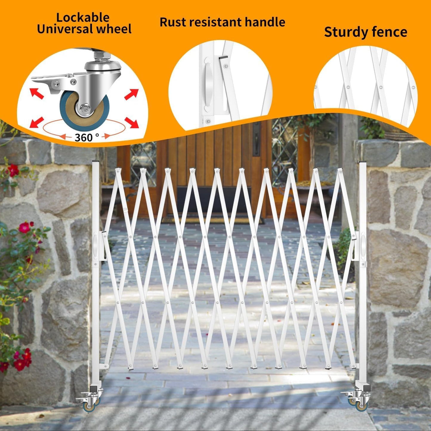 Expandable Barricade Gate,129” Metal Safety Barrier Gate with Casters,Accordion Garden Yard Outdoor Indoor Fence Folding Security Dog Gates Wall Mount,White