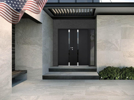 VDOMDOORS Front Exterior Prehung Steel Double Doors/Cynex 6777 Black/Side Exterior Window/Stainless Inserts Single Modern Painted 86x80 (W72+14" x H80)-Right-Hand Outswing