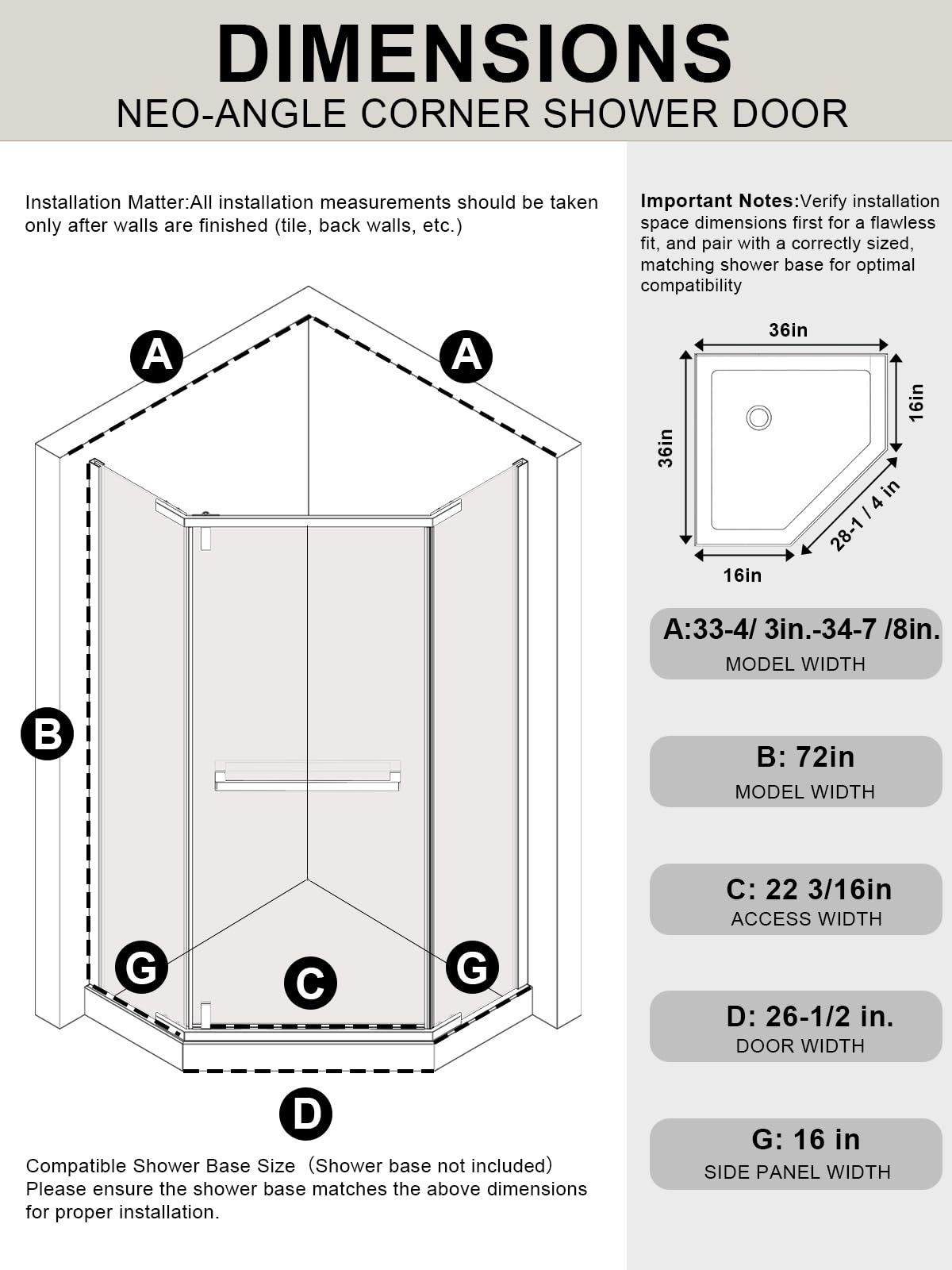 Neo-Angle Corner Shower Door 36" W x 72" H, Frameless Pivot Shower Door for Corner Shower Enclosure, 1/4" SGCC Clear Tempered Glass with Safety Film, Chrome, Base Not Included