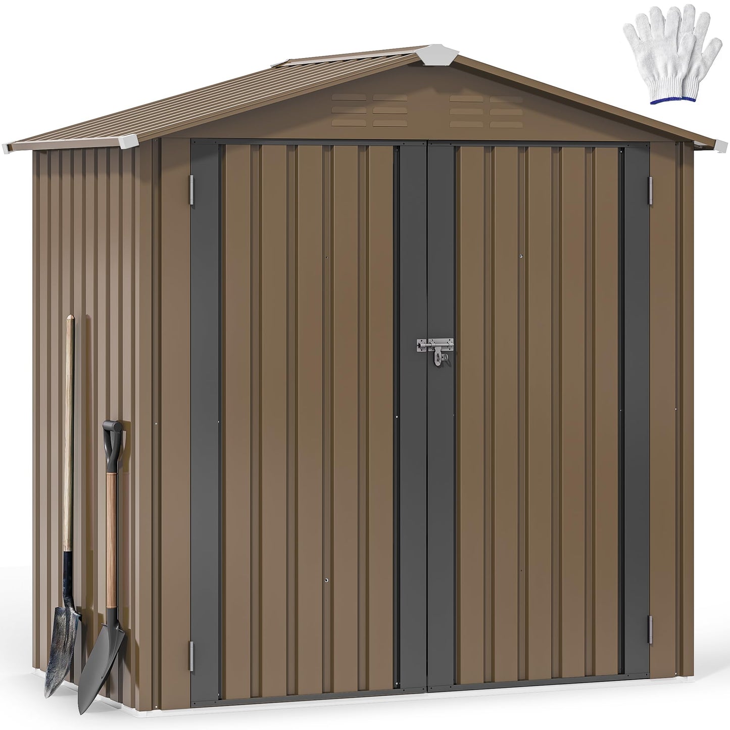 DWVO 6x4ft Tool Storage Shed, Lockable Doors, and Sloped Roof, Steel Outdoor Storage Shed for Garden, Patio, Garage, Backyard, Lawn - Brown