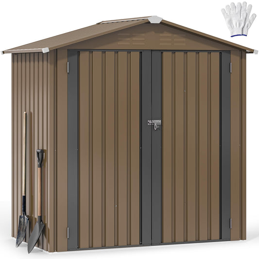 DWVO 6x4ft Tool Storage Shed, Lockable Doors, and Sloped Roof, Steel Outdoor Storage Shed for Garden, Patio, Garage, Backyard, Lawn - Brown