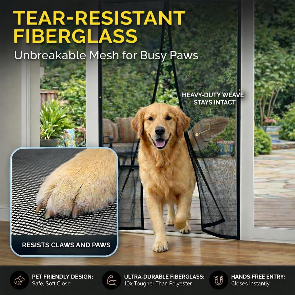 AUGO Heavy Duty Magnetic Screen Door – Fiberglass Pet Resistant Mesh, Self Sealing Hands Free Magnetic Closure, Tear Resistant Door Screen Keeps Bugs Out, Patent Pending Keep Open Feature – 38” x 83”