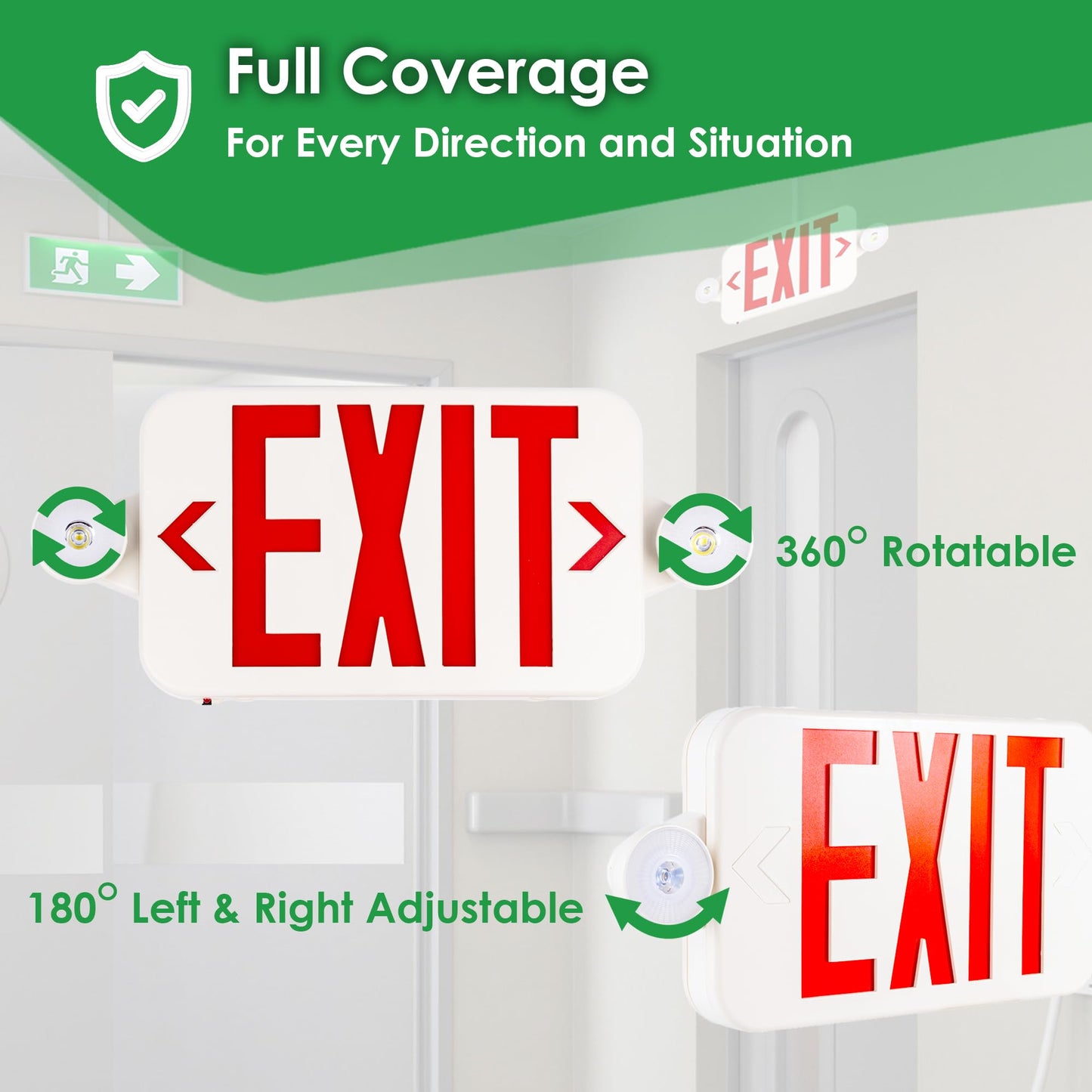 Gruenlich LED Exit Sign Combo with Emergency Lights, Adjustable Heads and Double Sided, Battery Backup, UL 924 Qualified, AC 120-277V, Commercial Emergency Exit Light for Business- 2 Pack