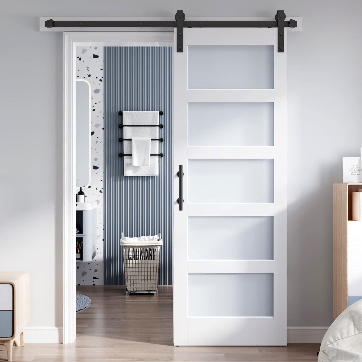 ROYMELO 28x80 Inch Glass Sliding Barn Door Slab and 5ft Hardware Kit Included, 5 Frosted Glass, LVL Wood Panel Covered with White Water-Proof Scratch-Proof PVC Surface, Simple DIY Assembly