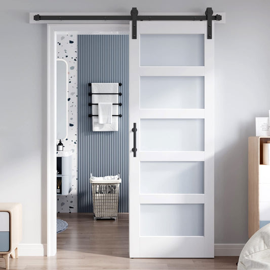 ROYMELO 28x80 Inch Glass Sliding Barn Door Slab and 5ft Hardware Kit Included, 5 Frosted Glass, LVL Wood Panel Covered with White Water-Proof Scratch-Proof PVC Surface, Simple DIY Assembly
