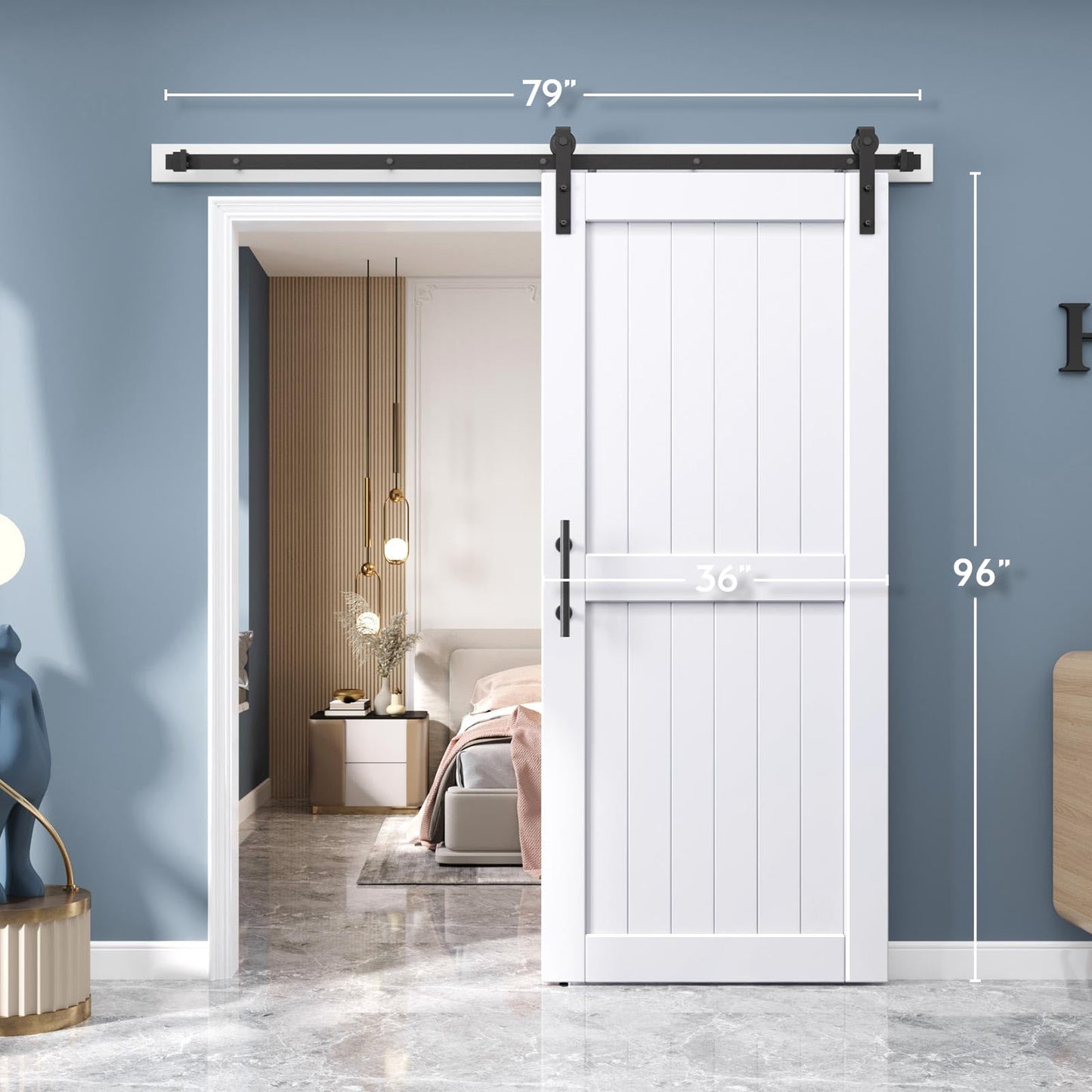 EaseLife 36 x 96 inch White Barn Door with 6.6FT Sliding Door Hardware Kit Included & Handle,Solid Wood Covered with Waterproof PVC Surface,DIY Assemblely,Easy Install,H-Frame,Fit 32-34in Wide Opening