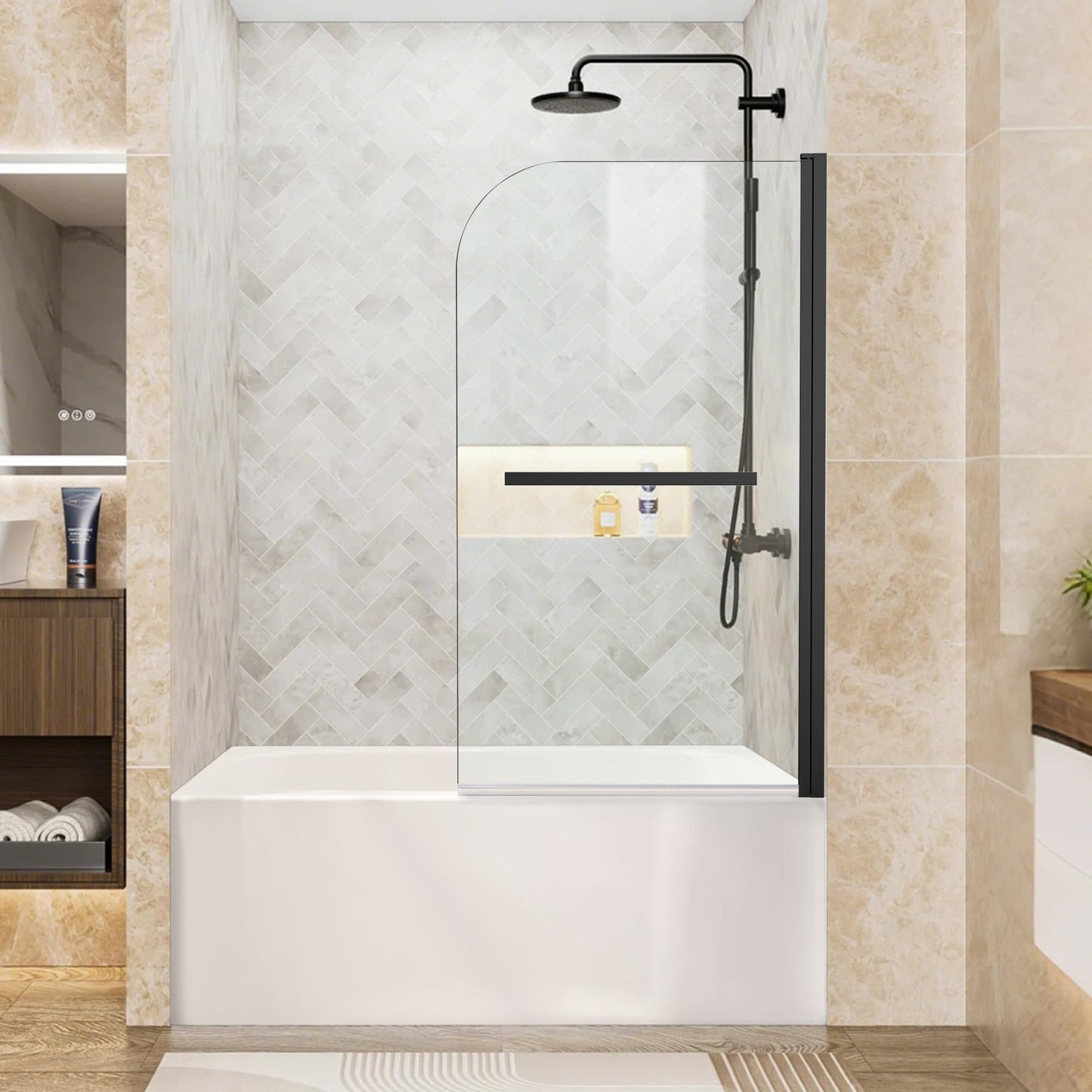 Bathtub Shower Door, 34" W x 58" H Hinged Bathtub Glass Door Semi-Frameless Bypass 1/4"(6mm) Tempered Glass Shower Door with Explosion-Proof Film Stainless Steel Matte Black