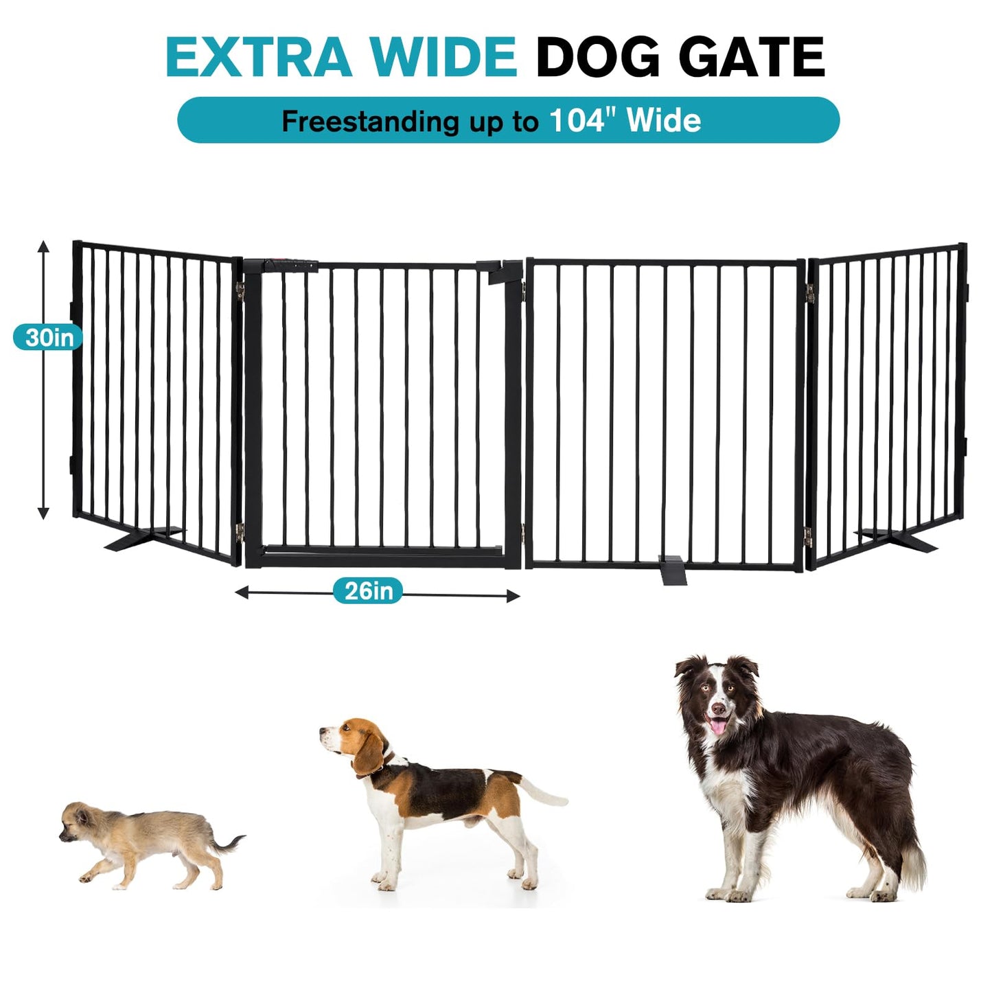 Snagle Paw Extra Wide Dog Gate,Free Standing Dog Fence with Door, Up to 104 Inch Wide Pet Gate with Support Feet for Stairs, Hallways, Doorways, Yard (Black, 4 Panels)