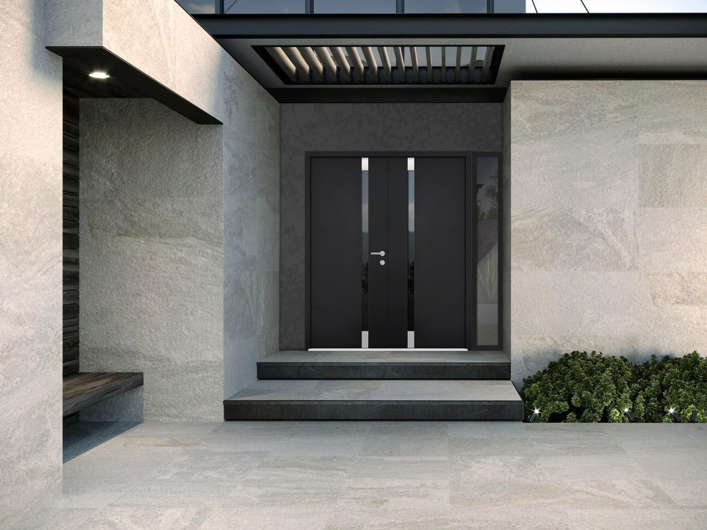 VDOMDOORS Front Exterior Prehung Steel Double Doors/Cynex 6777 Black/Side Exterior Window/Stainless Inserts Single Modern Painted 86x80 (W72+14" x H80)-Right-Hand Outswing
