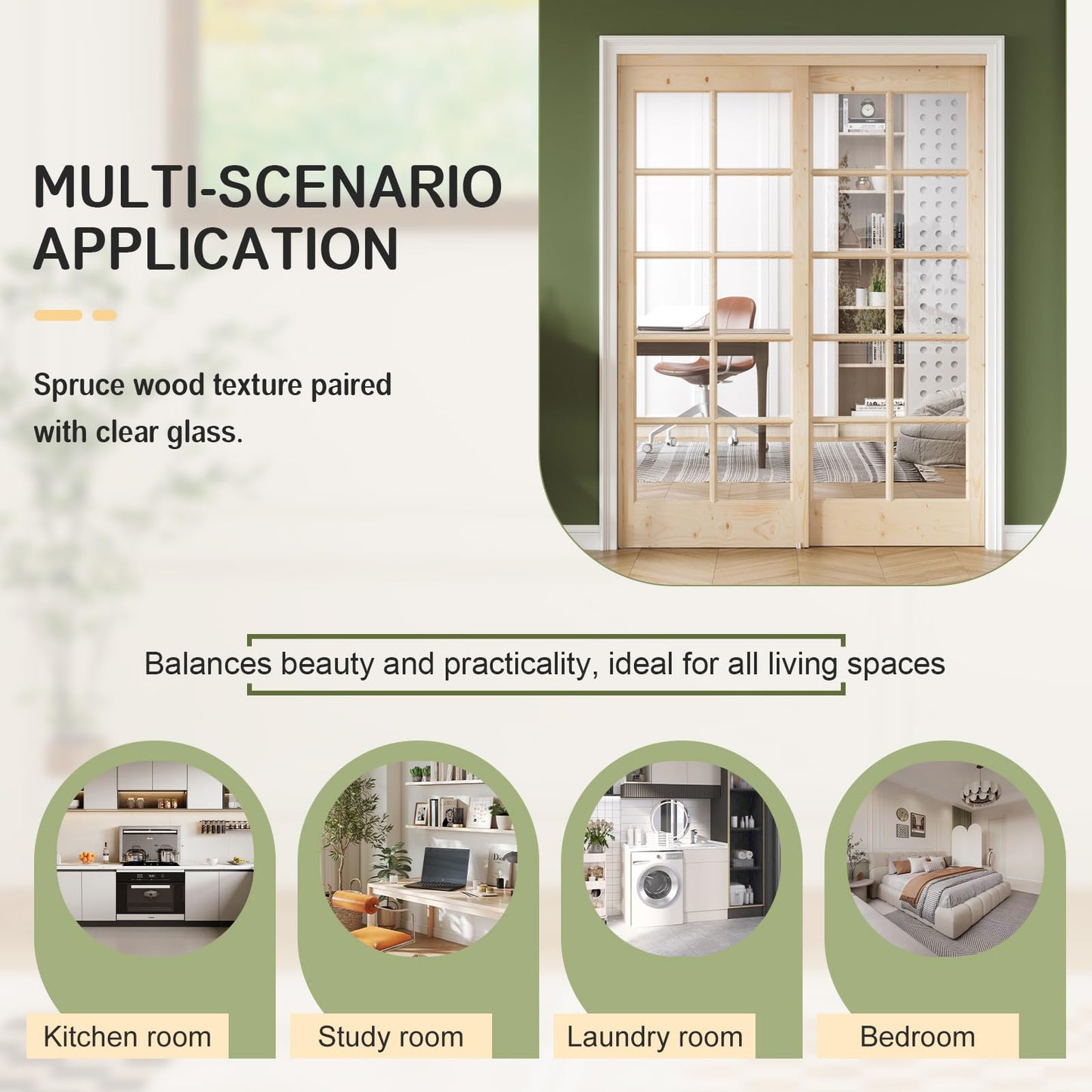 Easelife Preassembled Sliding Closet Door 60in x 80in (Double 31in), Spruce Wood Barn Door Slab with Bypass Hardware Track Kit, Tempered Clear Glass, Fit Interior Pantry Kitchen