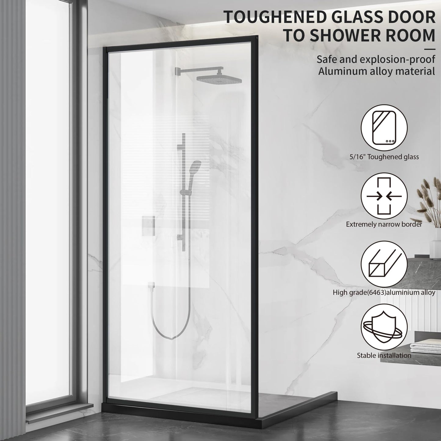 Shower Framed Glass Panel, 48" W x 74" H Shower Screen, 5/16" (8mm) Tempered Glass Shower Door, Fit for Walk-in Bathroom, Matte Black Fixed Shower Door