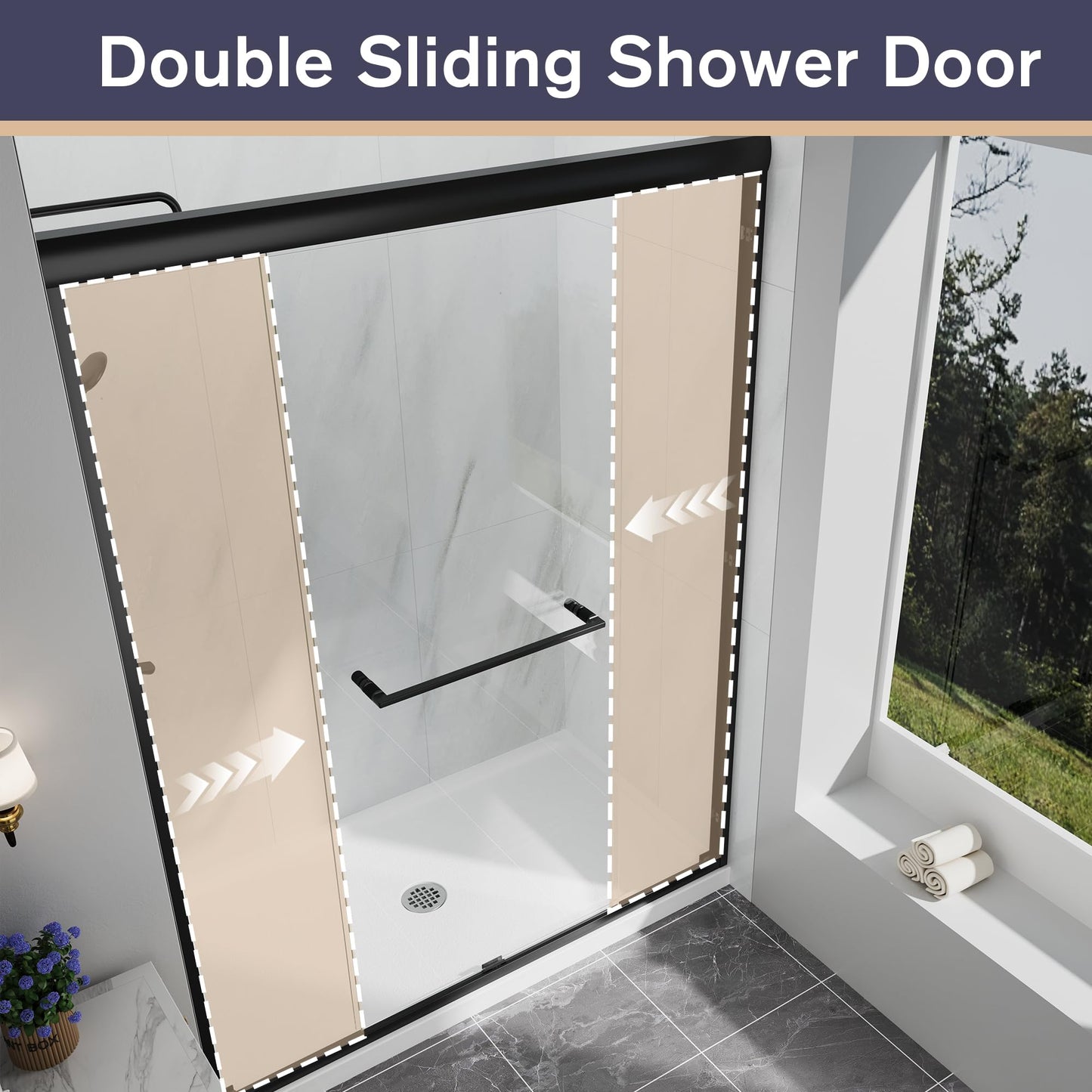EASYWORC Double Sliding Shower Door, 43"-48" W x 70" H Semi-Frameless Glass Shower Door, 1/4'' (6mm) Clear SGCC Tempered Glass with Explosion-Proof Film and Nano Coating, Matte Black