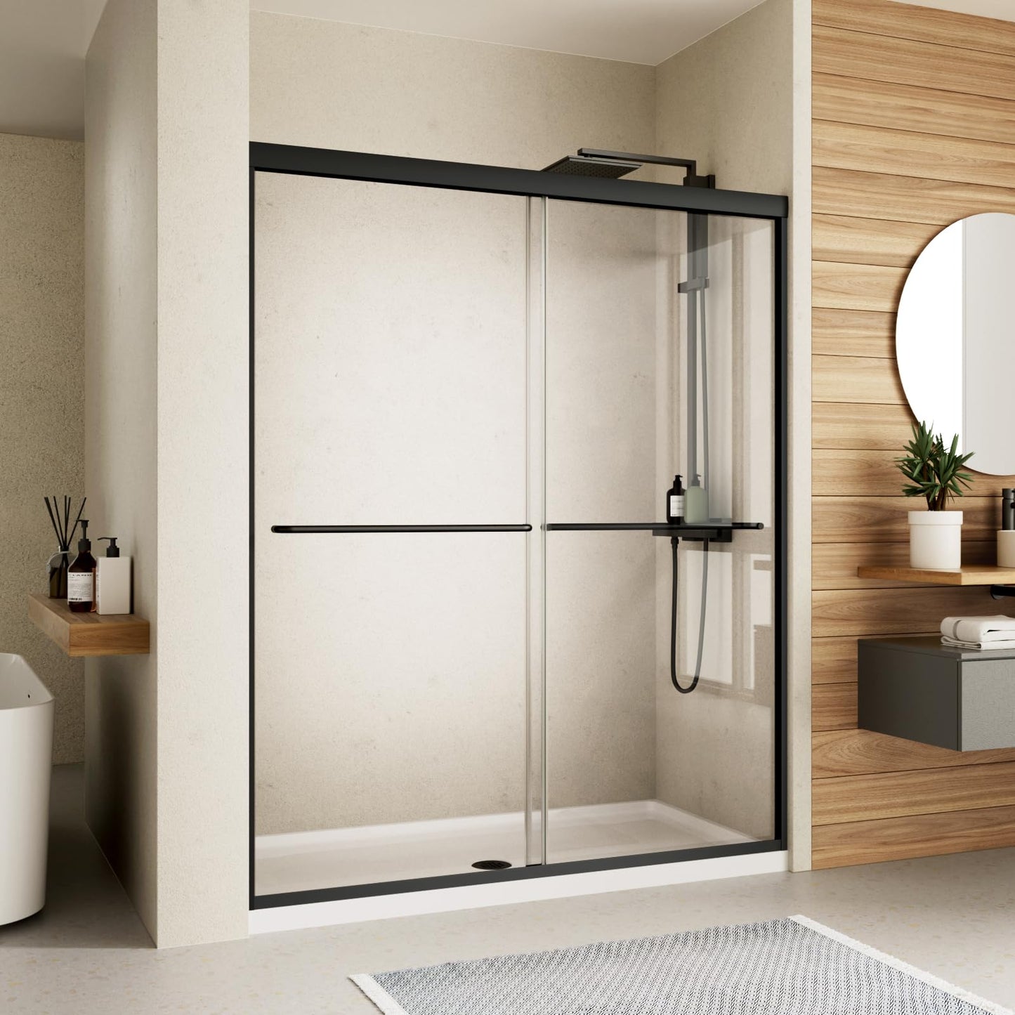 Shower Door,Royal Guard 44-48" W x 70" H Semi-Frameless Double Sliding Glass Shower Door with 1/4'' (6mm) Clear SGCC Tempered Glass,Bypass Shower Enclosure,Matte Black