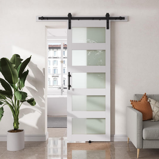 SMARTSTANDARD 30" x 84" Glass Barn Door with 5FT Hardware Kit Included, 5-Panel Glass, DIY Assembly Required, Waterproof PVC Coating, Pure White