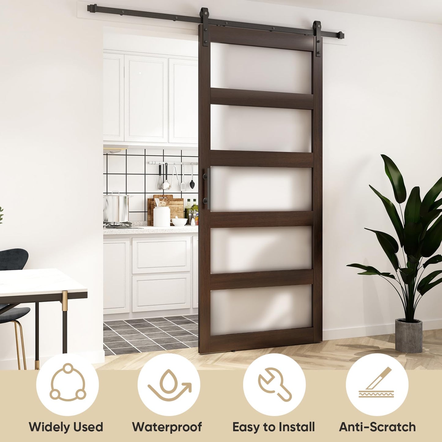 BARNSMITH 42in x 96in Glass Barn Door and 7FT Sliding Door Hardware Included, 5-Panel Frosted Glass Sliding Barn Door, Solid Wood Covered with Water-Proof PVC Surface, Easy Assembly, Brown