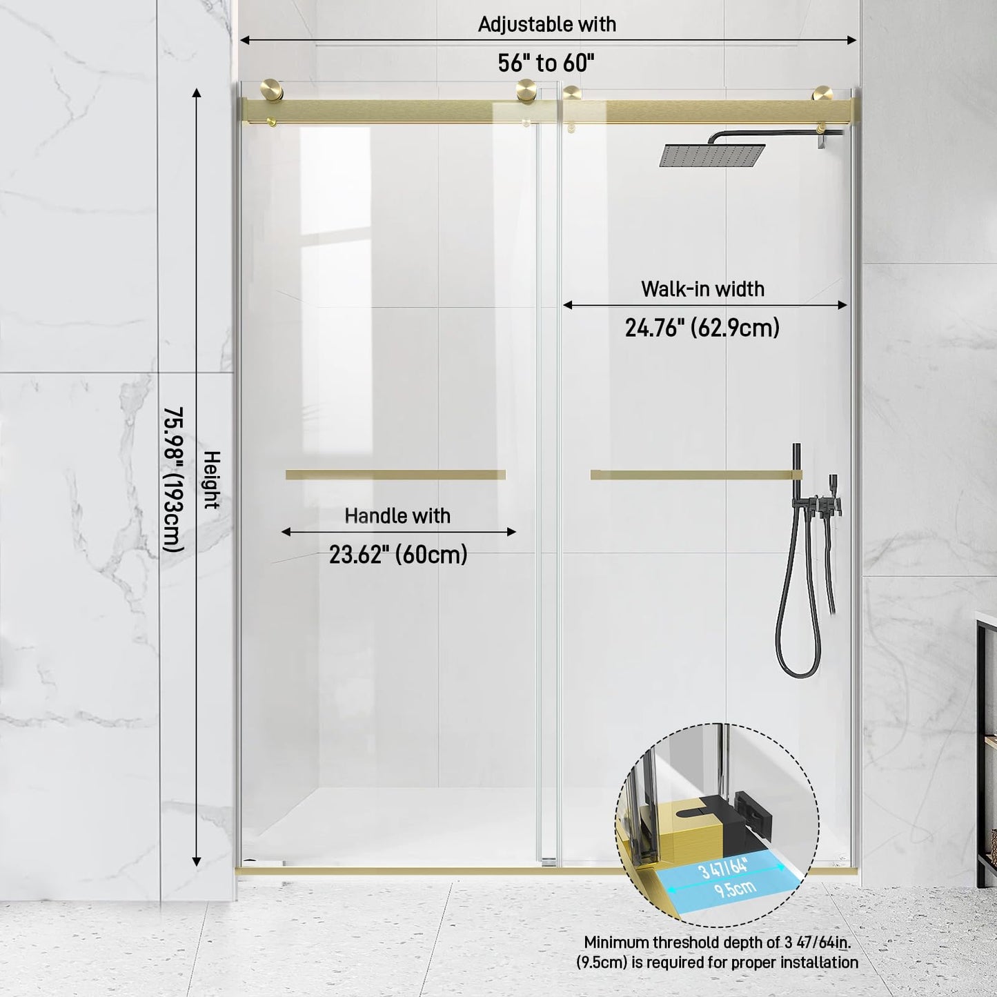 AquivaCoast Frameless Shower Door, 56-60 in W x 76 in H, Soft-Close Double Sliding Shower Door, 5/16" (8mm) Clear Tempered Glass with Double Rollers, Brushed Gold
