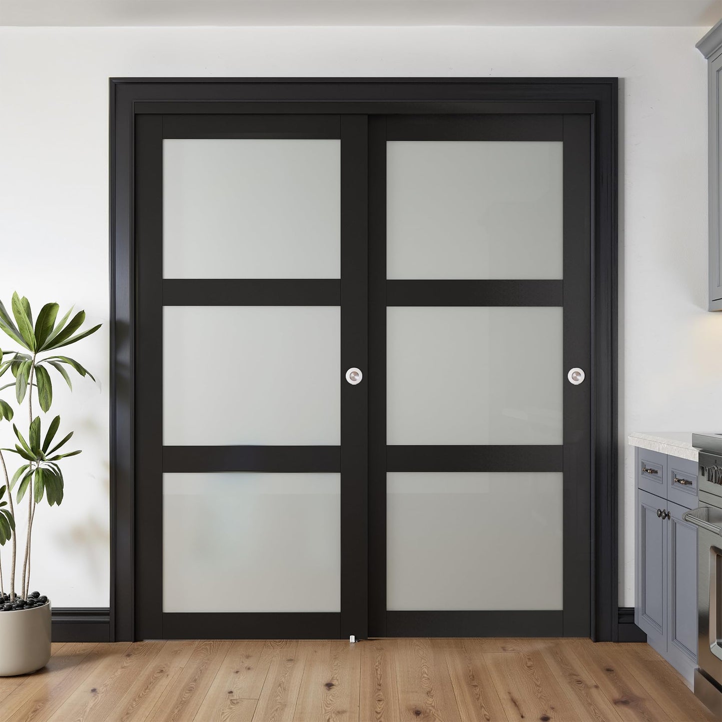 COSHOMER Sliding Closet Door for 72" x 80" Opening, 3-Lite Frosted Glass MDF Barn Door with Hardware Kit Set, Door Panels Need to Assemble, Black