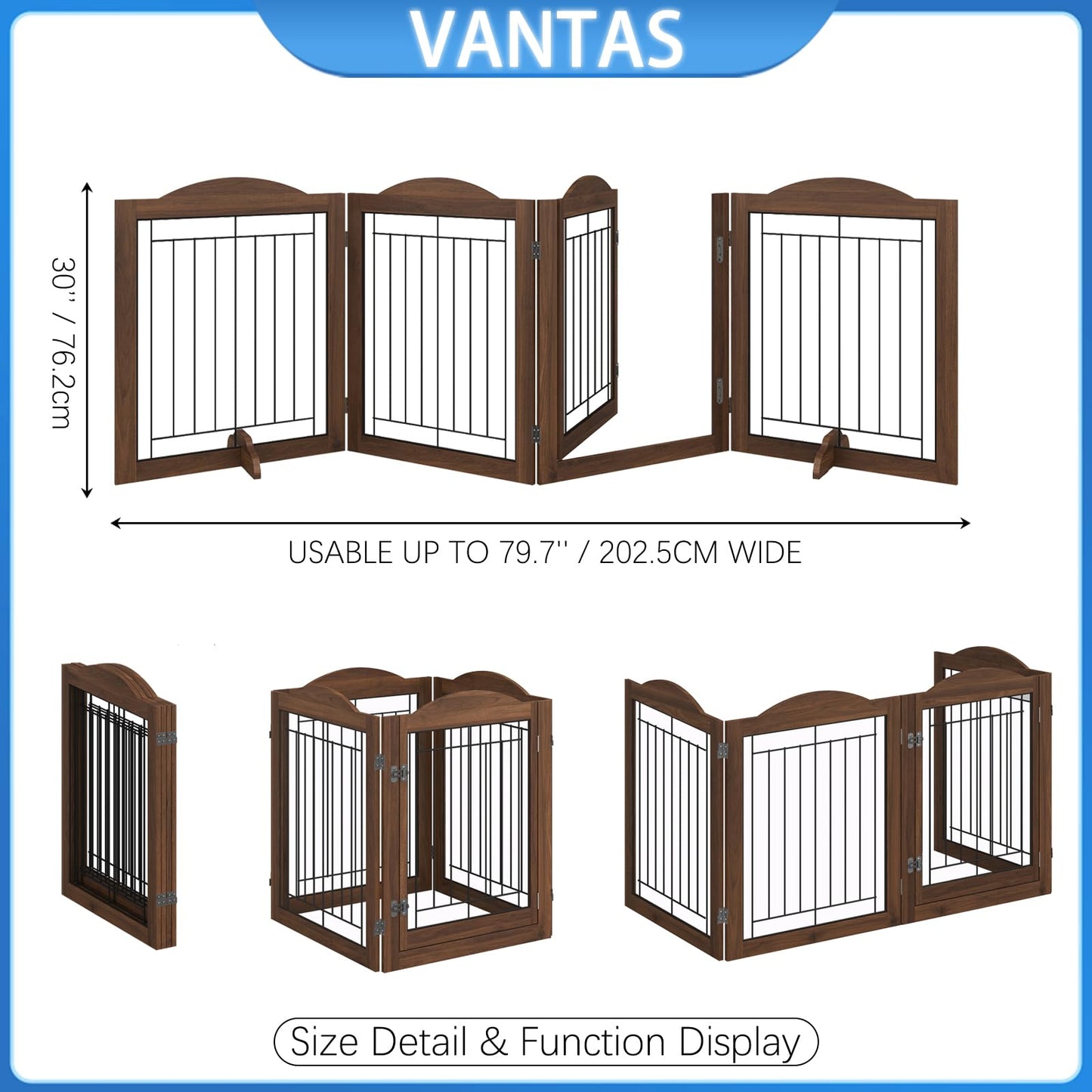 Vantas Folding No-Assembly Dog Door Pet Gate 96" Wide, 30" Tall Wooden Dog Gate with Door Walk Through, Freestanding Wire Pet Gate, Pet Puppy Safety Fence, with 2PCS Support – Brown