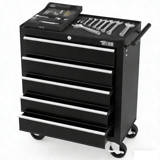 TUFFIOM 5-Drawer Rolling Tool Chest w/Drawers & Lock, Tool Storage Cabinet with Lockable Wheels, Top Cushion & Drawer Liners, Tool Organizer Box for Garage, Warehouse & Repair Sho