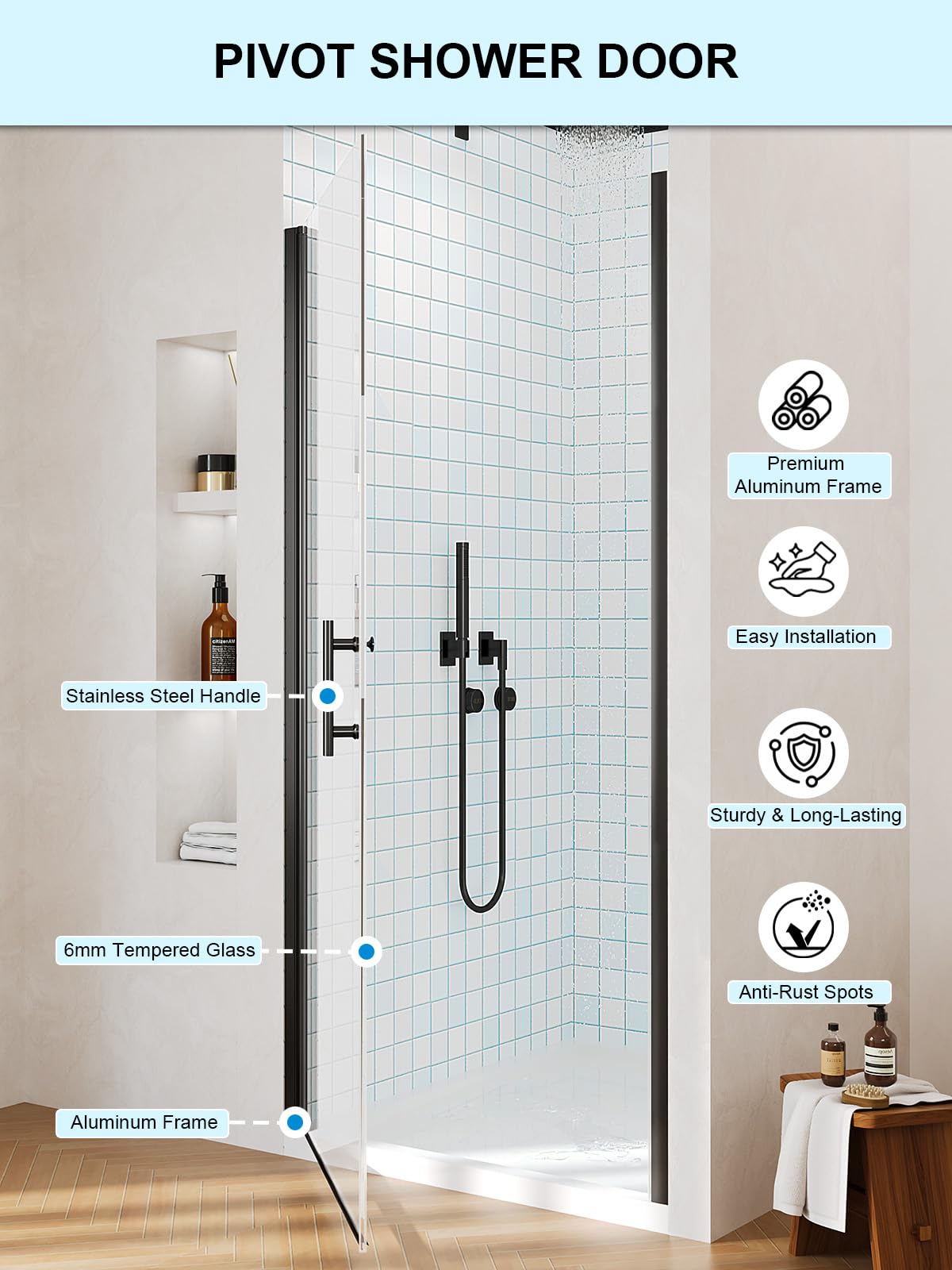 Frameless Pivot Shower Door, 34-35.4" W x 72" Single Panle Shower Doors, 1/4" (6mm) Thick Tempered Clear Glass with Explosion-Proof Film & Nano Coating Shower Doors for Walk in Shower (Matte Black)