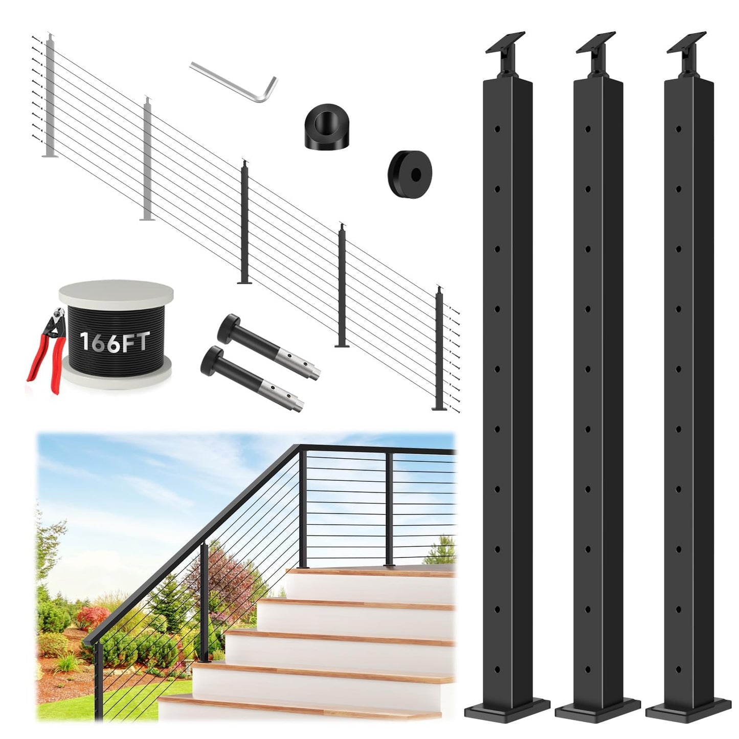 Zylorix 36" 8-16FT Swageless Modular Black Cable Railing System Post Kit with 2 Stair Posts Fit 28-38 Degree Stairway, T304 Stainless Steel, Patent Reusable Cable Railing Kit, Upgraded Powder Coated