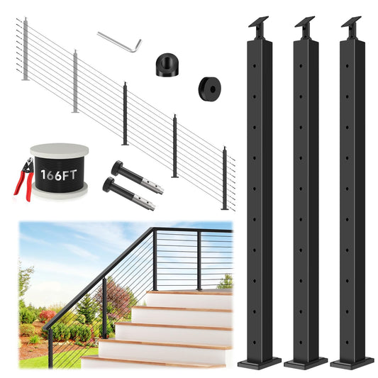 Zylorix 36" 8-16FT Swageless Modular Black Cable Railing System Post Kit with 2 Stair Posts Fit 28-38 Degree Stairway, T304 Stainless Steel, Patent Reusable Cable Railing Kit, Upgraded Powder Coated