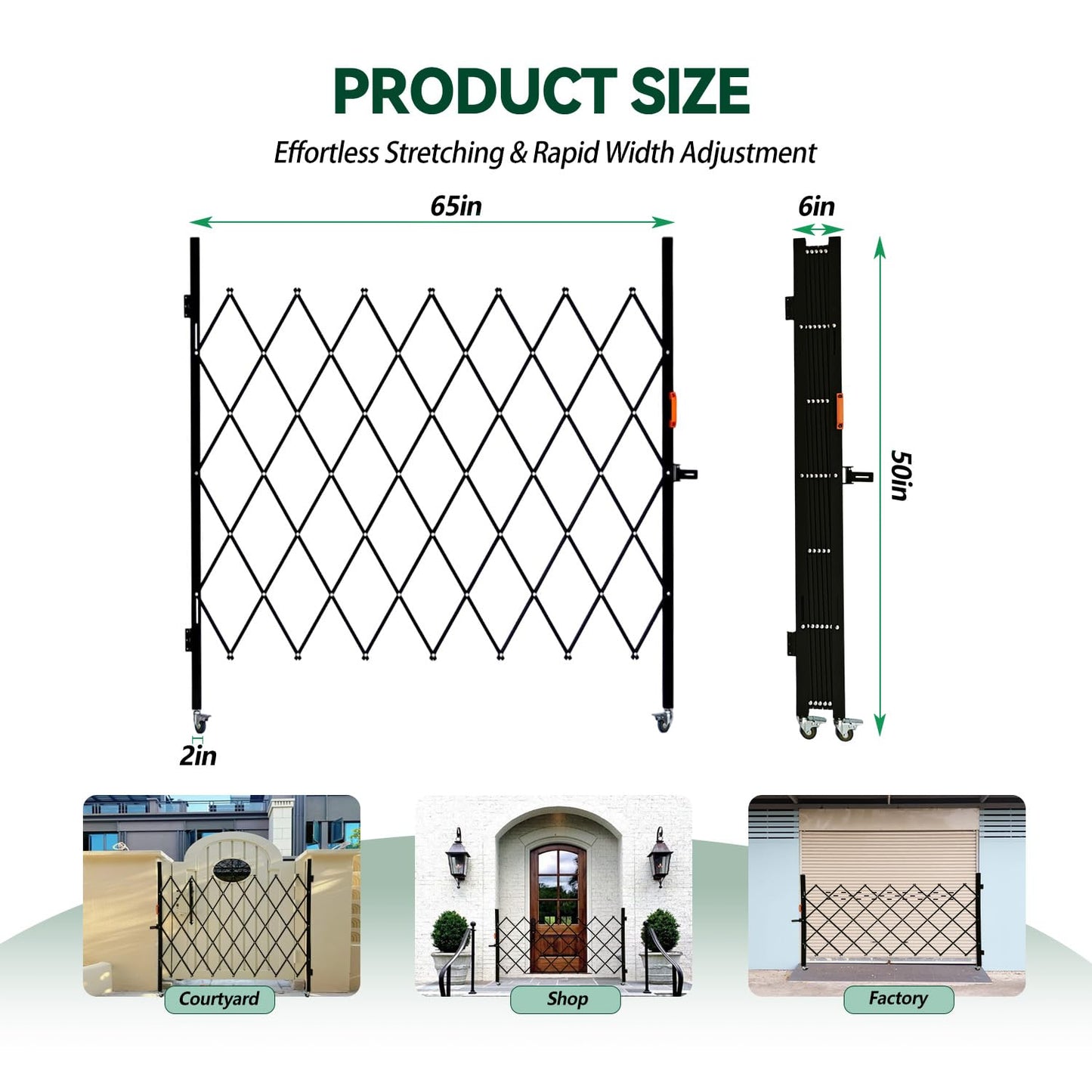 LTSEAME Folding Security Gate with Lockable Scissor Design and 360° Swivel Casters Outdoor Barricade for Entry Security, Garage, Warehouse, and Pool Areas (65“Wx50 H)