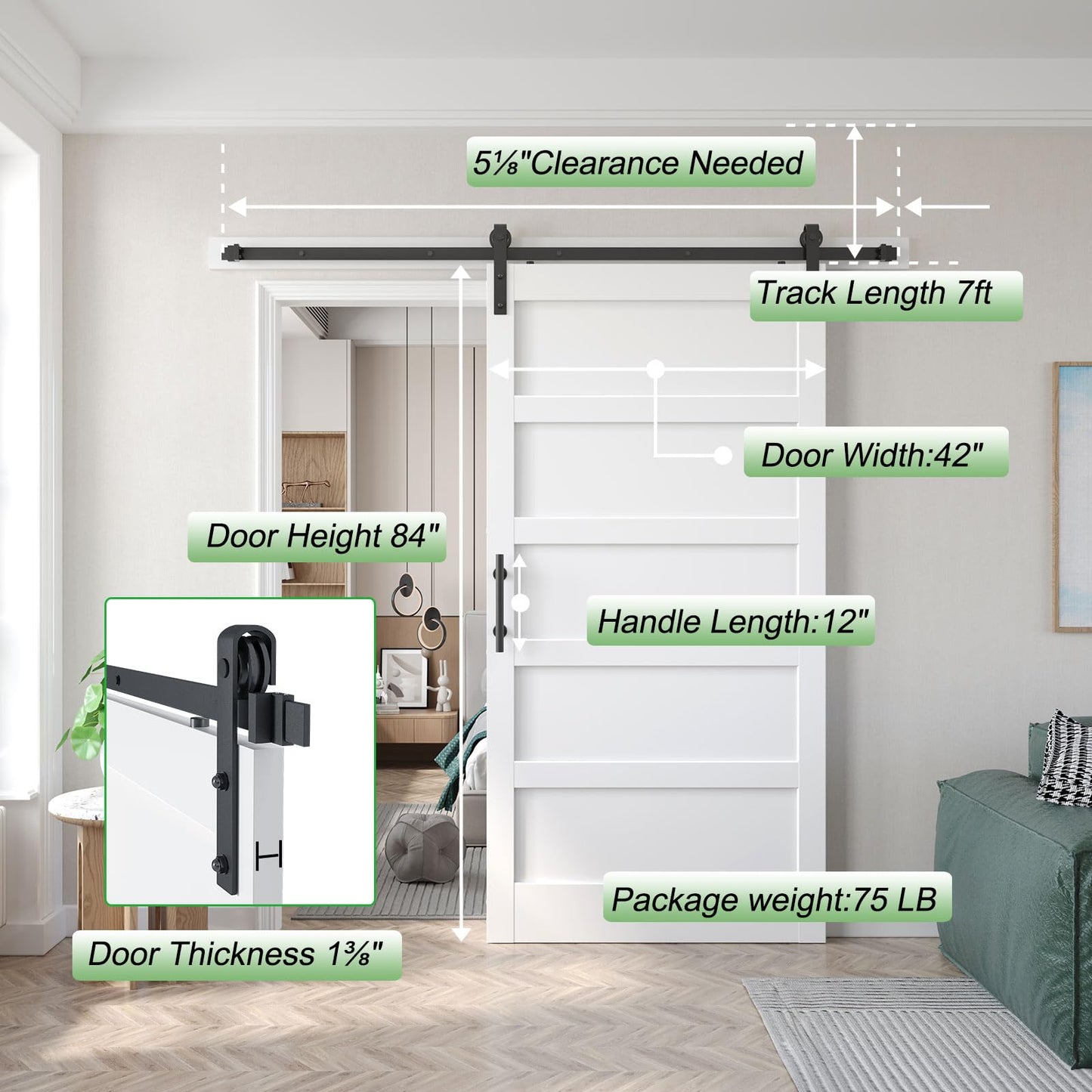 Fredbeck 42x84 inch White Barn Door with 7FT Sliding Door Hardware Kit Included & Handle,MDF,Solid PVC Surface,DIY Assembly,5-Panel,Fit 38in-41in Opening