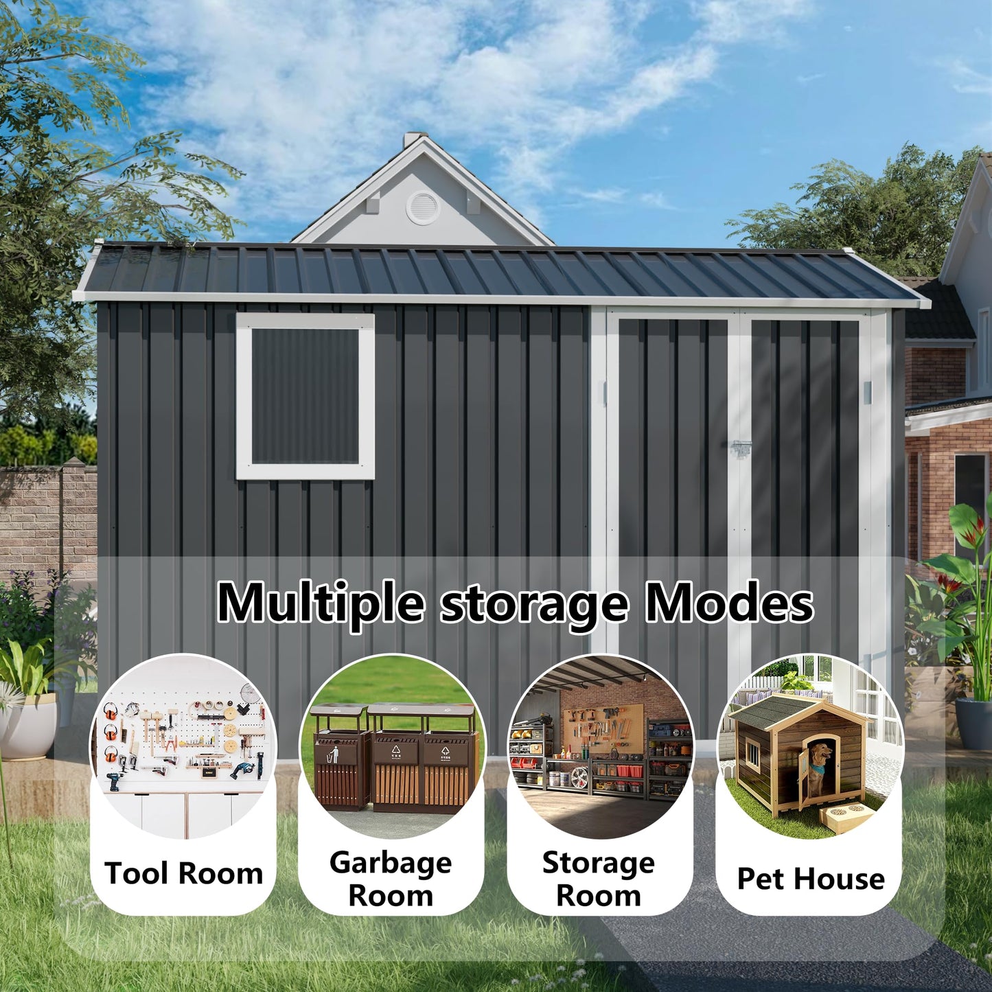 KEIKI 9x6 FT Metal Storage Shed with Window, Large Outdoor Backyard Shed for Tools & Equipment, Durable Galvanized Steel Garden Shed for Patio or Tiny House Use, Gray