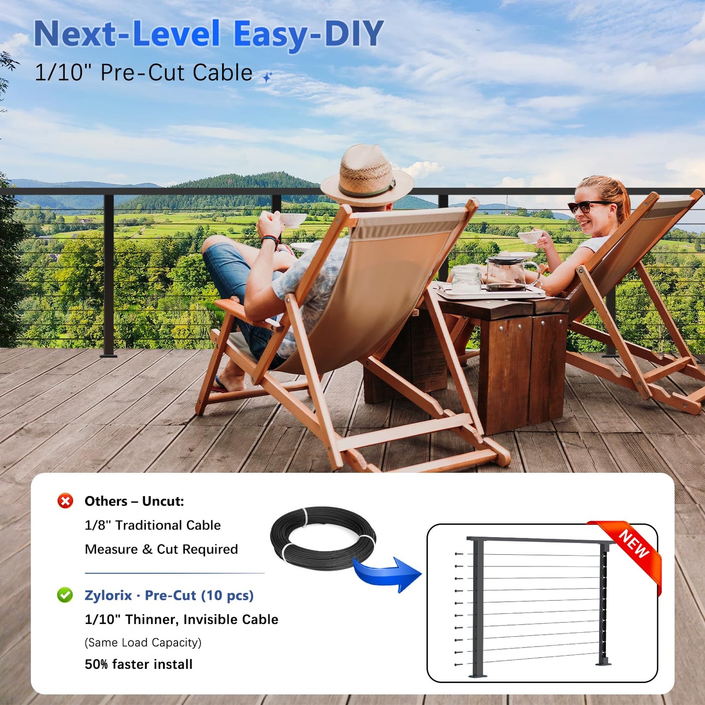 Zylorix 36" Swageless 16-20FT Black Complete Cable Railing System Post Kit with Handrail Cuttable, T304 Stainless Steel, Modular Pre-Cut 1/10" Cable Railing Kit with Level Post Easy DIY for Deck Porch