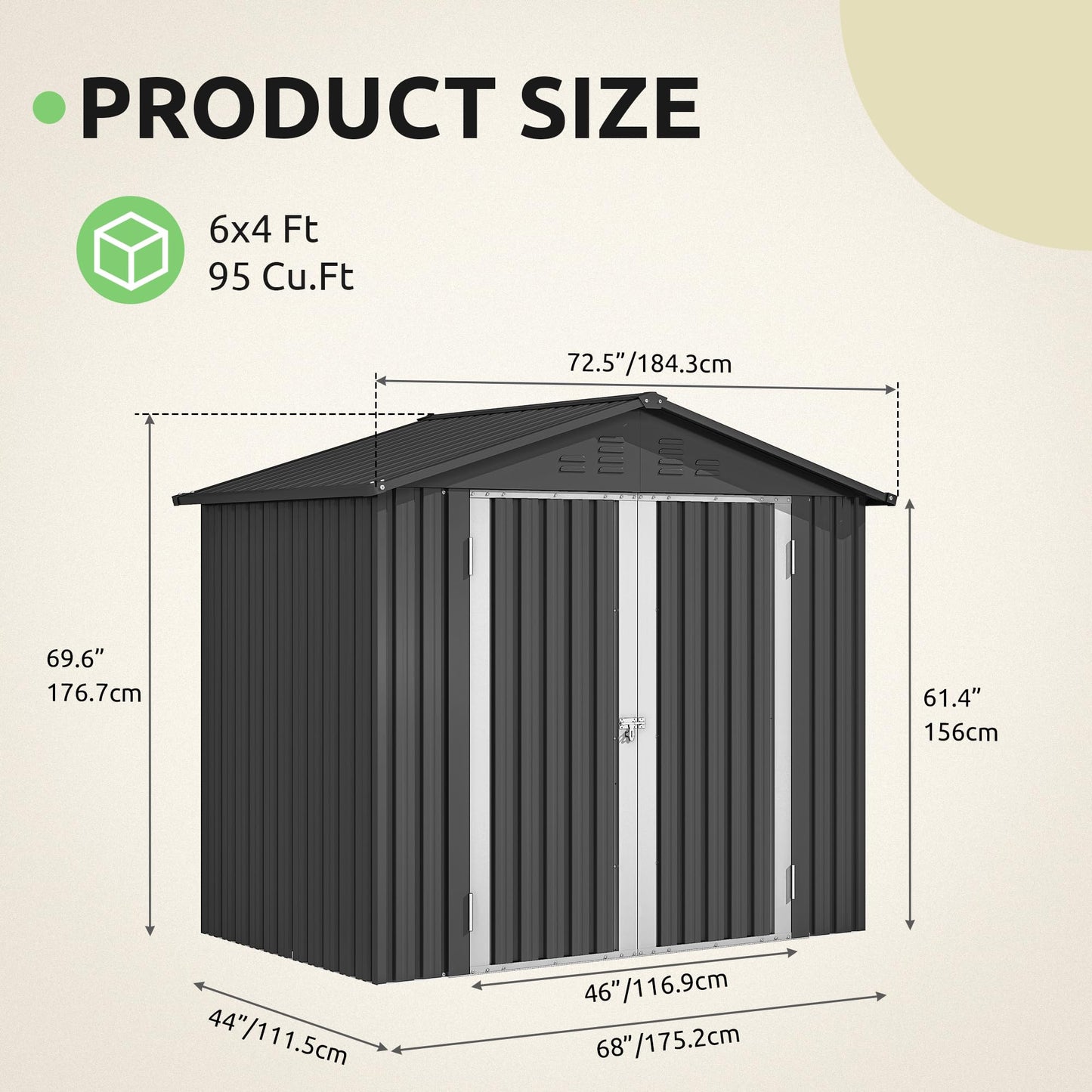 DWVO 6x4ft Outdoor Storage Shed, Weatherproof Tool Shed w/Locking Entry & Ventilation for Grass Cutter, Bike, Equipment, Courtyard, Garden (Dark Gray)