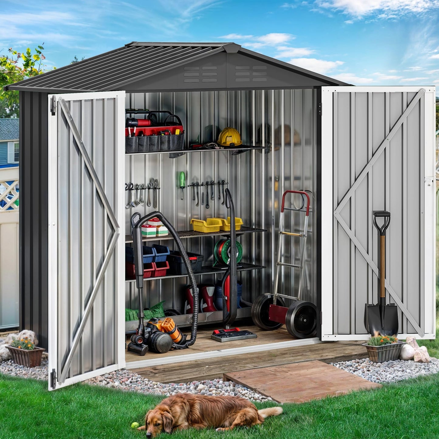 DWVO 6x4ft Outdoor Storage Shed, Weatherproof Tool Shed w/Locking Entry & Ventilation for Grass Cutter, Bike, Equipment, Courtyard, Garden (Dark Gray)